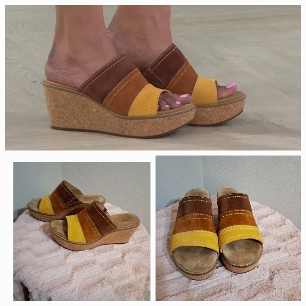 Clarks Brown and Yellow Wedge Sandals with Cork Platform Size 8.5M